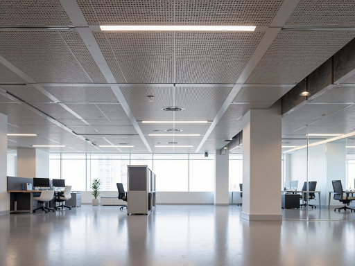 现代办公室铝蜂窝板家具组合,浅色木纹表面,几何造型,明亮光线