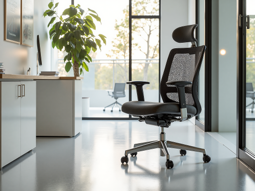 黑色人体工学办公椅特写,网状透气背靠,金属底座,专业办公环境