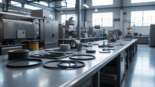 现代化生产车间内部,工人操作精密设备,整洁有序的工作环境